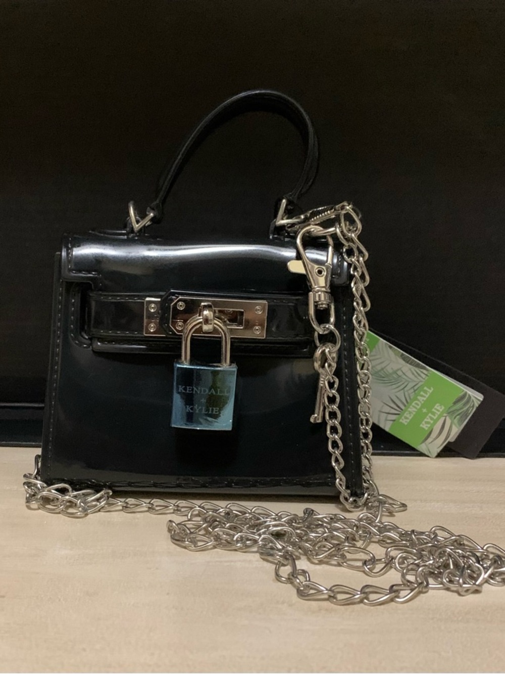 Kendall & Kylie Black Patent Mini Top-Handle Bag with Lock